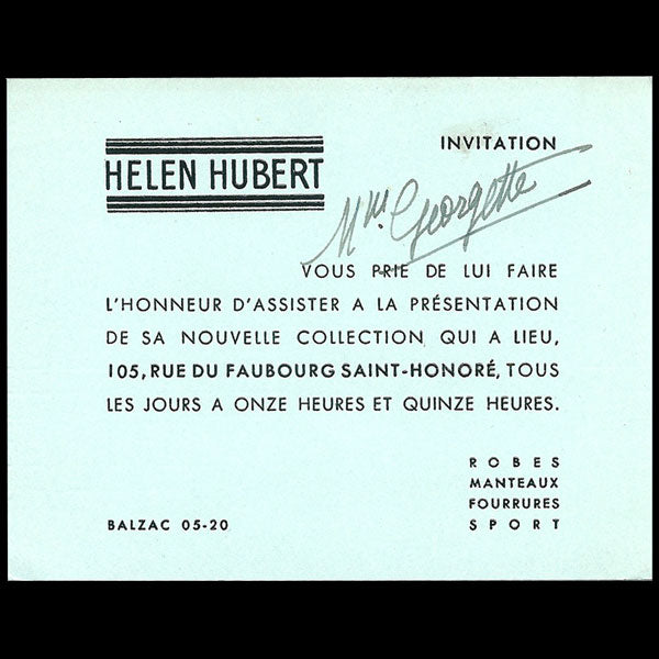 Carton d'invitation de la maison Helen Hubert, 105 faubourg Saint Honoré à Paris (circa 1935)