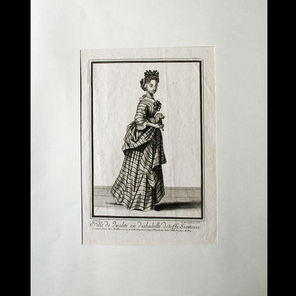 Fille de qualité en déshabillé d'étoffe siamoise, gravure d'Arnoult  (1688)