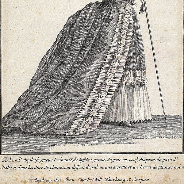 Gallerie des Modes et Costumes Français, 1778-1787, copie d'époque de la gravure n°135, Robe à l'Anglaise (1779)