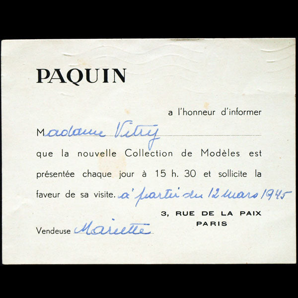 Carton d'invitation de la maison Paquin, 3 rue de la paix à Paris (mars 1945)