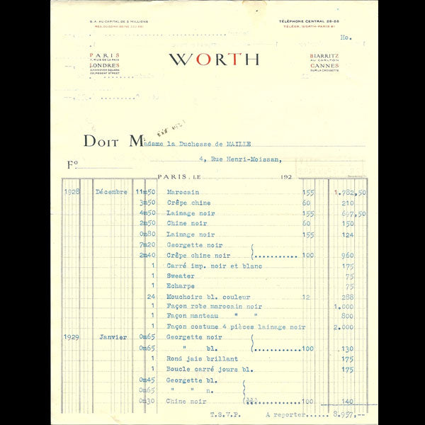 Facture de la maison Worth, 7 rue de la Paix, Paris (1929)