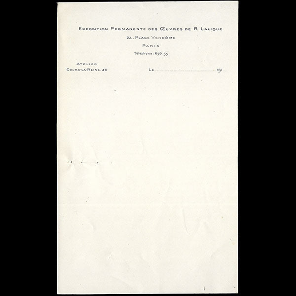 Lalique - Papier à en-tête de l'exposition permanente des oeuvres de René Lalique 24 place Vendôme à Paris (1914)