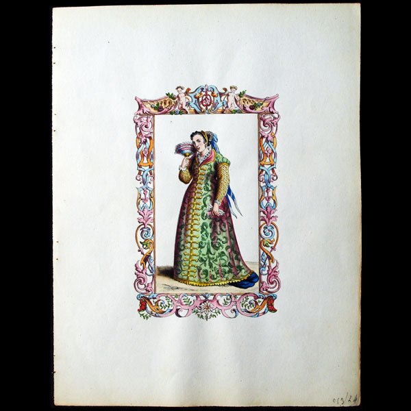 Costumes anciens et modernes, ensemble de 40 dessins aquarellés d'après Vecellio (1860)