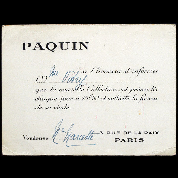 Carton d'invitation de la maison Paquin, 3 rue de la paix à Paris (circa 1940)