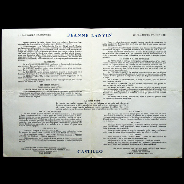Jeanne Lanvin - Castillo, programme de défilé, Automne-Hiver 1957-1958