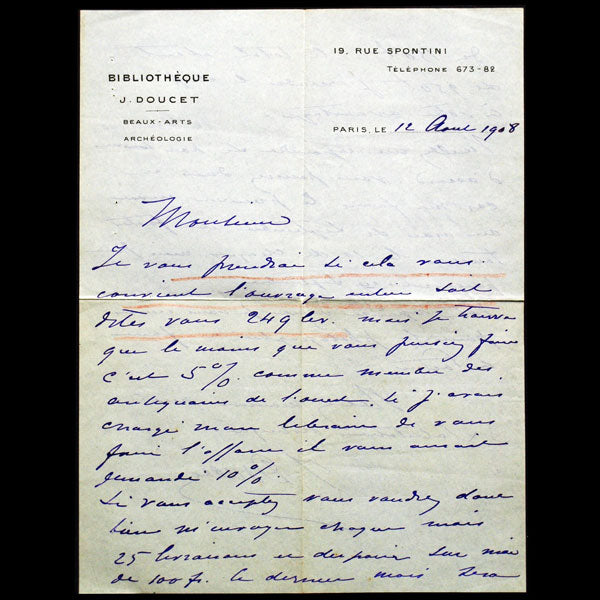 Doucet - Lettre autographe de Jacques Doucet, à l'en-tête de la Bibliothèque J. Doucet, 19 rue Spontini à Paris (1908)
