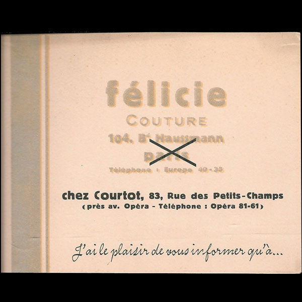 Annonce de changement d'adresse de la maison Félicie Couture, 104 boulevard Haussmann à Paris (circa 1935)