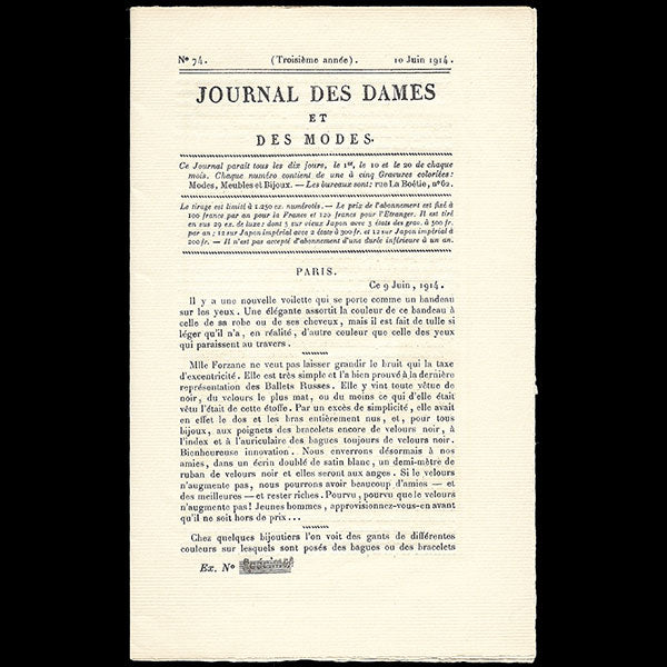 Le Journal des Dames et des Modes, Costumes Parisiens, n74, 1914, exemplaire specimen