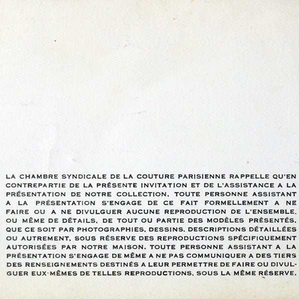 Balenciaga, invitation au défilé de présentation de la collection Eté 1960, 17 mars 1960