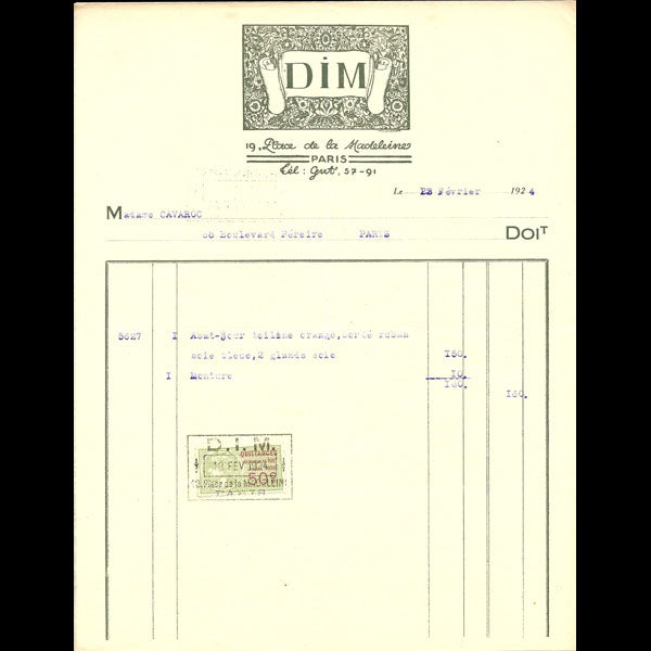 Facture de la maison de décoration DIM, Décoration Intérieure Moderne, 19, place de la Madeleine à Paris (1924)