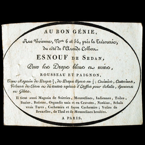 Au Bon Génie - Reçu du magasin de tissus, 6 rue Vivienne à Paris (XVIIIème siècle)