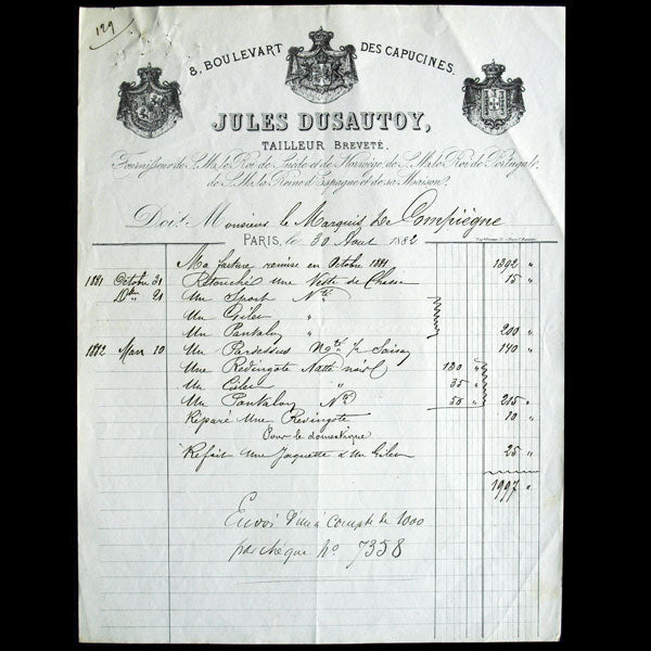 Jules Dusautoy - Facture du tailleur 8 boulevart des Capucines à Paris (1882)