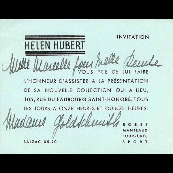 Carton d'invitation de la maison Helen Hubert, 105 faubourg Saint Honoré à Paris (circa 1935)