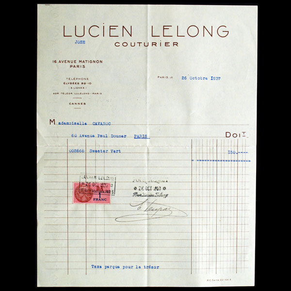 Facture de la maison Lucien Lelong (1937)