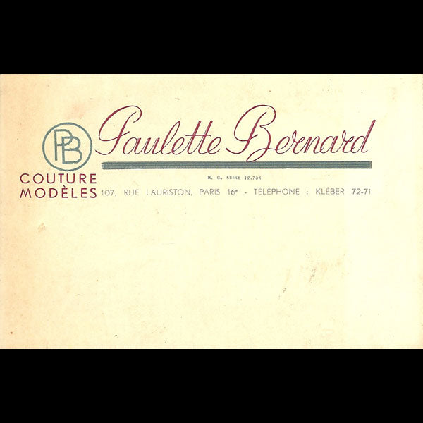 Carte de visite de la maison Paulette Bernard, 107 rue Lauriston à Paris (circa 1930)