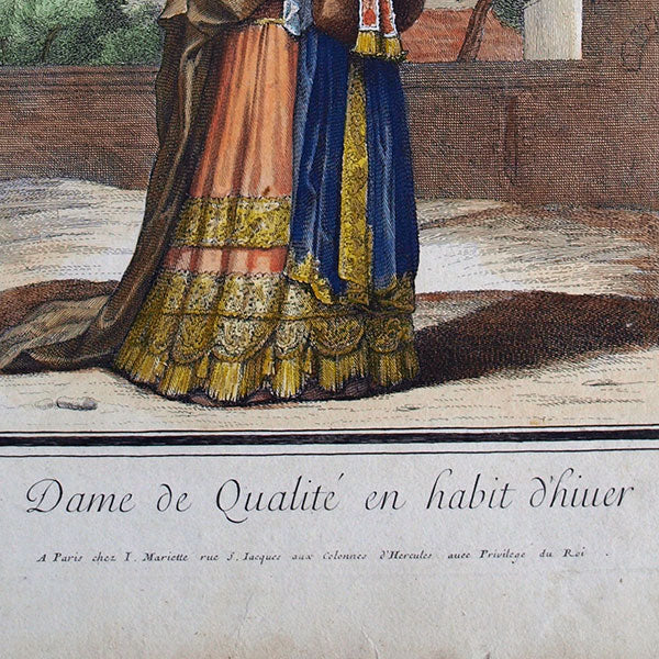 Dame de qualité en habit d'hiver, gravure de Mariette (circa 1690)