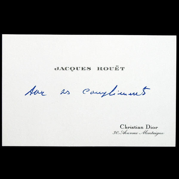 Carte de visite de Jacques Rouet, directeur de la maison Dior, avec fac-similé d'écriture manuscrite (1980)