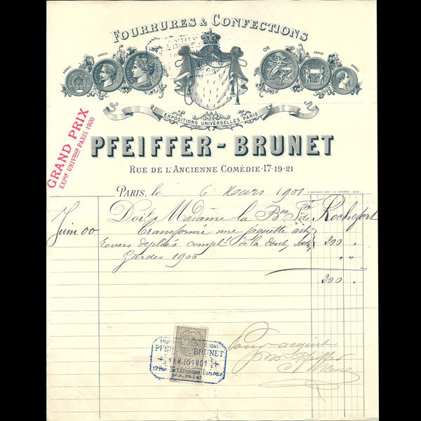 Facture de Pfeiffer-Brunet, 17, 19 et 21 rue de l'Ancienne Comédie à Paris (1901)