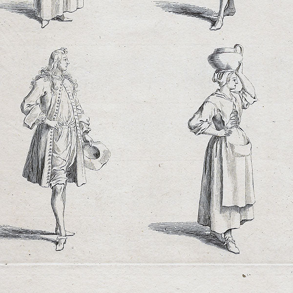 Divers costumes français du règne de Louis XIV d'après Sebastien Leclerc, copie inversée du XVIIIème siècle)