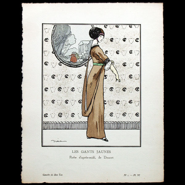 Gazette du Bon Ton - Les Gants Jaunes, robe d'après-midi de Doucet, planche de Dresa (n°1, 1912)