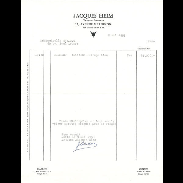 Jacques Heim - Facture de la maison de Couture Fourrure (1958)