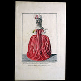 Gallerie des Modes et Costumes Français, 1778-1787, gravure n° Q 94, Jeune Dame en robe de taffetas de couleur à volonté (1778)