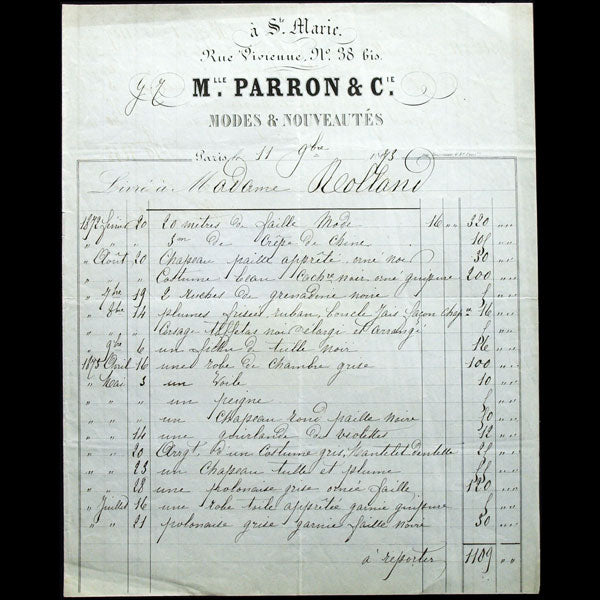 Facture de Mlle Parron & cie, modes & nouveautés, A Sainte-Marie, 38 bis rue Vivienne à Paris (1873)