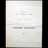 Balmain, programme de défilé, Collection Jolie Madame de France de l'Automne-Hiver 1956-1957
