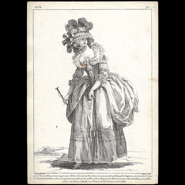 Gallerie des Modes et Costumes Français, 1778-1787, gravure n° bbb 292, Jeune Dame désoeuvrée par Watteau (1785)