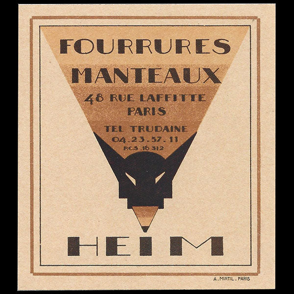 Heim - Carte de la maison Heim, Fourrures et Manteaux, 48 rue Laffitte à Paris (circa 1927-1930)