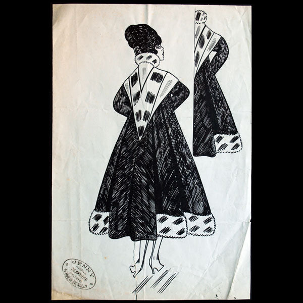 Jenny - Glanys, dessin d'un manteau, 14 rue Monceau, Paris (1916)