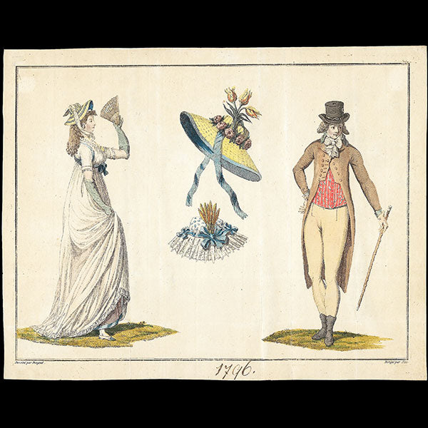 Elégante et élégant du directoire, gravure de mode d'après Jean Beugnet (circa 1796)