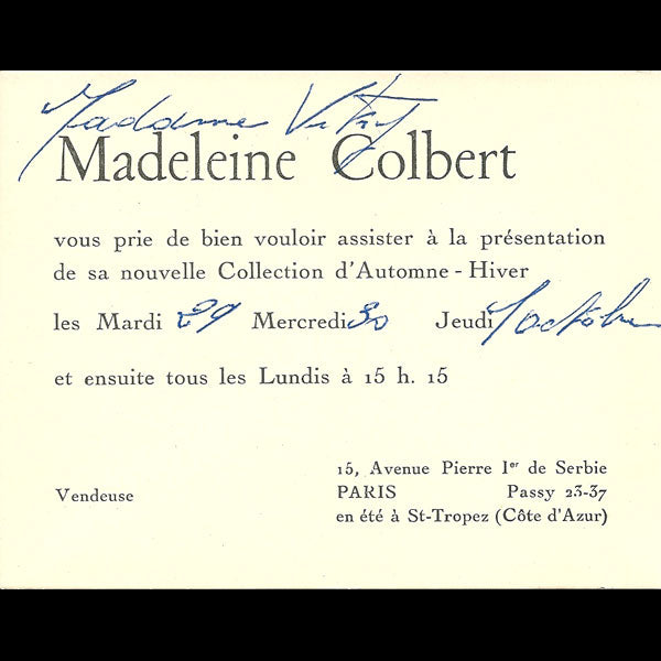 Carton d'invitation de la maison Madeleine Colbert, 15 avenue Pierre Ier de Serbie à Paris (1935)