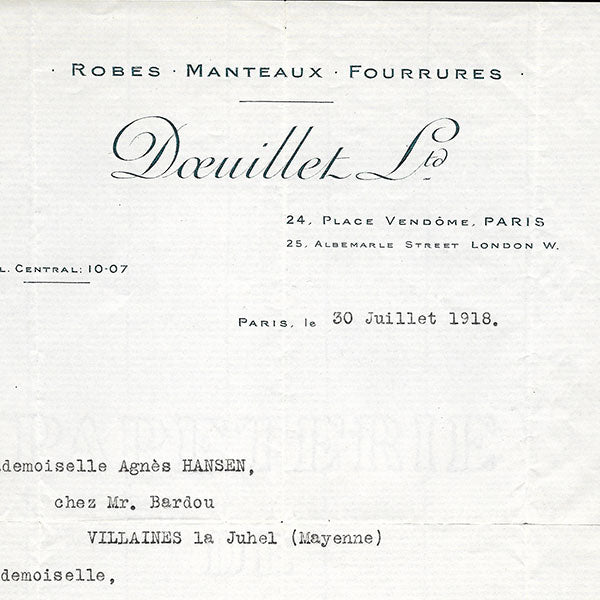 Doeuillet - Courrier relatif à une employée, 24 Place Vendôme, Paris (1918)