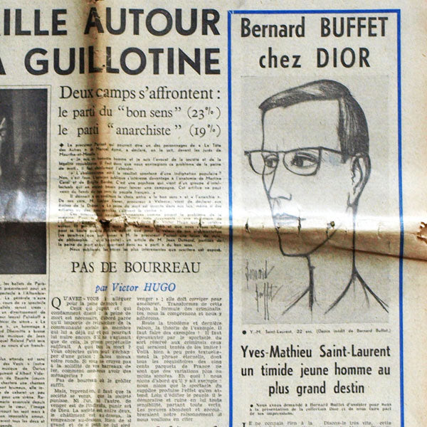 Arts, Lettres, Spectacles, 11 février 1958 - Bernard Buffet chez Dior (Yves Saint-Laurent) - article et illustration de Bernard Buffet