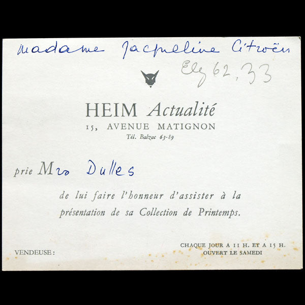Carton d'invitation de la maison Jacques Heim (circa 1950)
