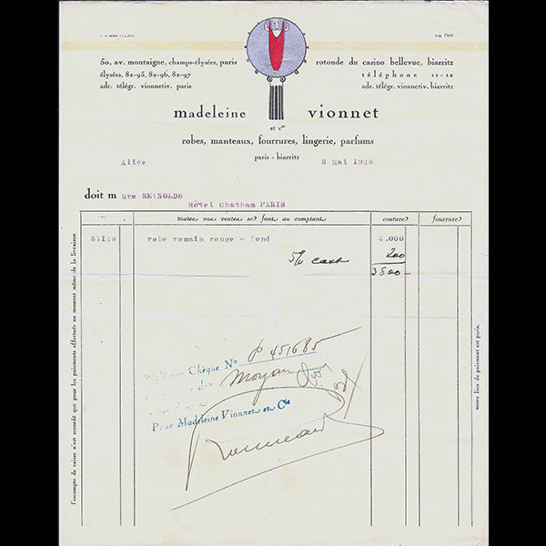 Vionnet - Facture, 50 avenue Montaigne à Paris (3 mai 1928)