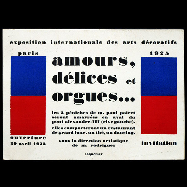 Invitation à l'inauguration des péniches de Paul Poiret Amours, Délices et Orgues à l'exposition des arts décoratifs (1925)