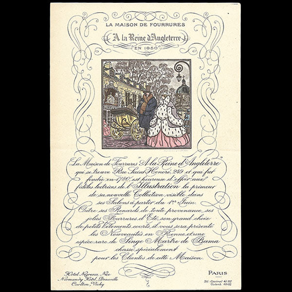 A la reine d'angleterre - Invitation de la maison de fourrures illustrée par Pierre Brissaud (circa 1924)