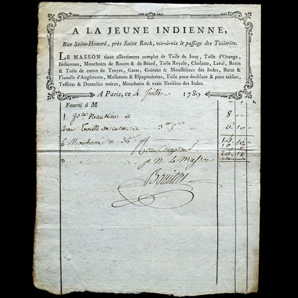 Facture du magasin de tissus A la Jeune Indienne à Paris (1789)