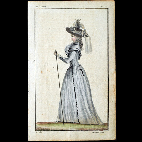 Cabinet des modes, planche I, 20ème cahier - Femme en redingote de taffetas (1er septembre 1786)