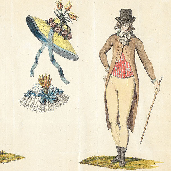 Elégante et élégant du directoire, gravure de mode d'après Jean Beugnet (circa 1796)