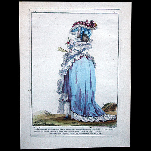 Gallerie des Modes et Costumes Français, 1778-1787, gravure n° zz 272, la Jeune Insouciante par Watteau (1784)