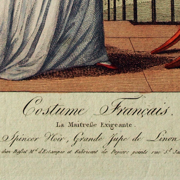 Basset - Costume Français, La Maîtresse Exigeante, Spencer Noir, Grande Jupe de Linon (circa 1795)