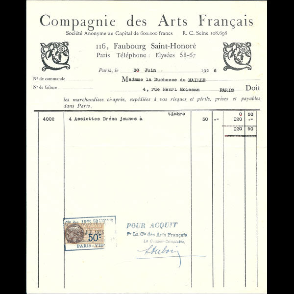 Facture de la maison de décoration la Compagnie des Arts Français, 116 faubourg Saint-Honoré à Paris (1926)