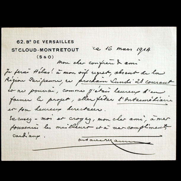 Carte de correspondance autographe signée d'Octave Uzanne du 16 mars 1914
