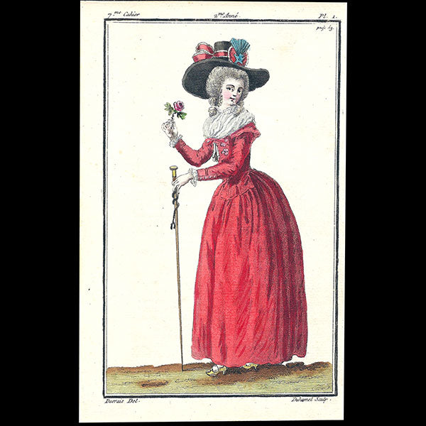 Magasin des Modes Nouvelles Françaises et Anglaises, planche 1, 7ème cahier - Redingote de drap écarlate (20 janvier 1787)