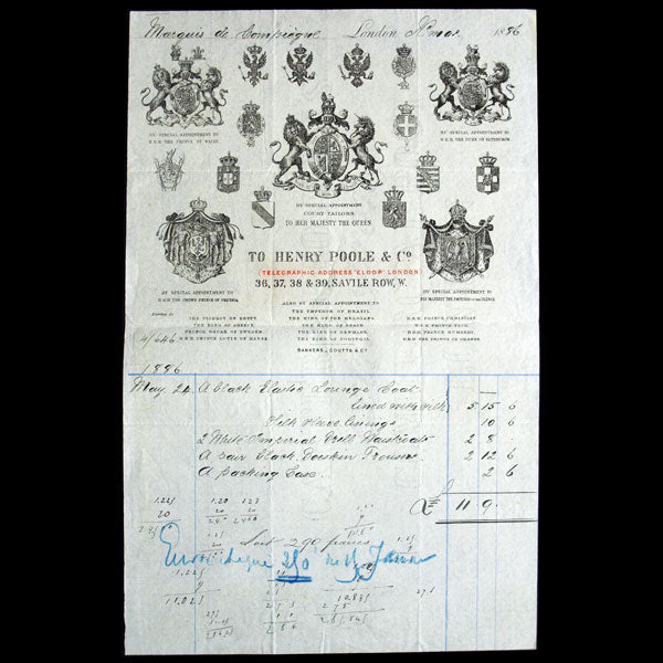 Facture du tailleur Henry Poole and co, 36, 37, 38, 39 Saville Row à Londres (1886)