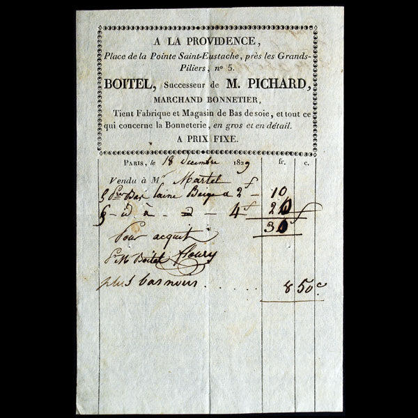 A la Providence, Boitel, successeur de M. Pichard, marchand Bonnetier, place de la Pointe Sainte-Eustache, à Paris (1829)