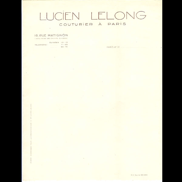 Papier à en-tête de la maison Lucien Lelong (circa 1925)